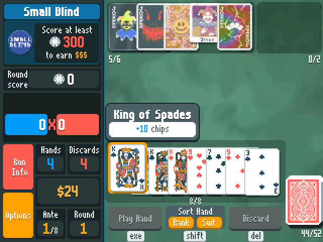 Balatro: a Four of a Kind scoring with five Jokers
