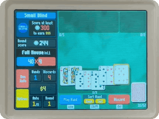 Balatro on a real NumWorks calculator: a hand of cards is scored