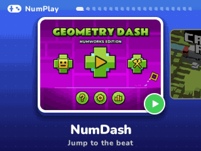 The NumPlay launcher on a NumWorks calculator, scrolling through its games